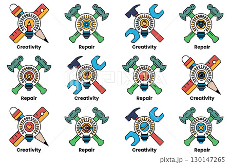 A series of tools and symbols, including hammers, wrenches, and pencils A series of tools and symbols, including hammers, wrenches, and pencils 130147265