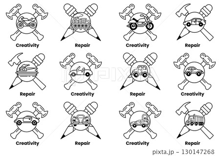 The image is a set of 12 different car repair and maintenance symbols The image is a set of 12 different car repair and maintenance symbols 130147268