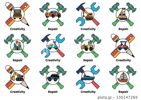 A variety of tools and vehicles, including a hammer, a screwdriver, a wrench A variety of tools and vehicles, including a hammer, a screwdriver, a wrench 130147269