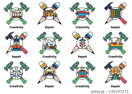 A set of 12 different symbols, each representing a different concept or idea 130147271