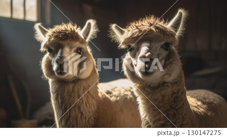 Close-up of two adorable alpacas with fluffy fur and expressive faces Close-up of two adorable alpacas with fluffy fur and expressive faces 130147275