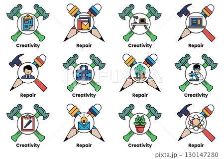 A set of 12 different symbols, each representing a different concept or idea 130147280
