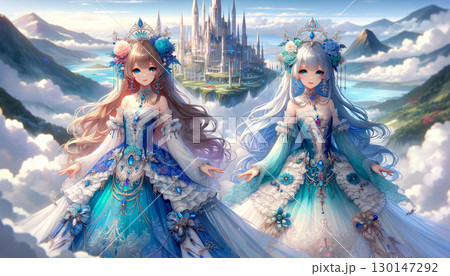 青と白のドレス姿のアニメ風の女性キャラクターと天空の世界 130147292