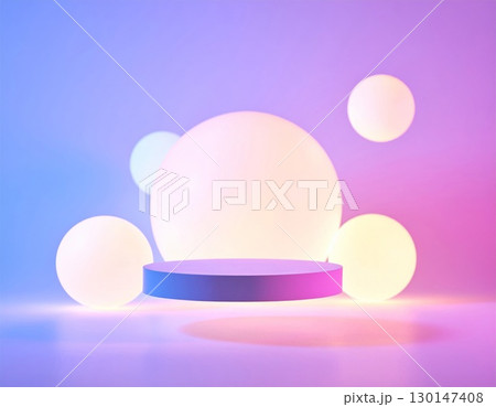 Abstract Purple Pedestal Surrounded by Luminous Spheres in a Soft Lit Studio Setting 130147408