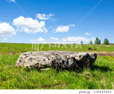 Large Weathered Rock in a Vibrant Green Meadow Under a Sunny Blue Sky Landscape Large Weathered Rock in a Vibrant Green Meadow Under a Sunny Blue Sky Landscape 130147414