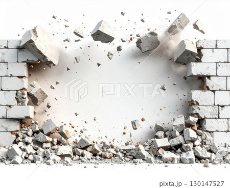 Rubble and Dust Exploding from White Concrete Brick Wall Creating Destruction 130147527