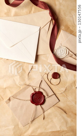 Craft Paper Envelopes with Red Wax Seals and Brown Ribbon in Flat Lay Arrangement on Textured Background 130147556