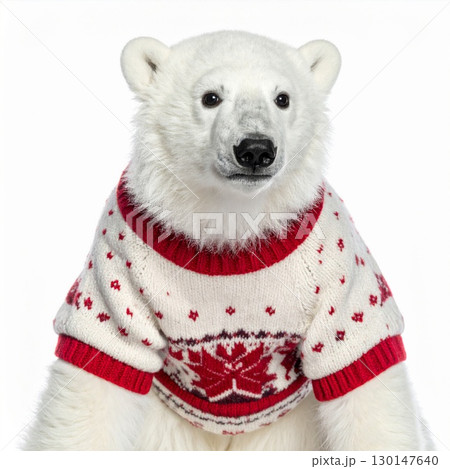 Isolated Portrait of a Polar Bear Wearing a Red Christmas Sweater on White 130147640