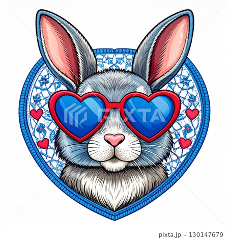 Cartoon Rabbit Portrait with Heart Shaped Glasses and Detailed Blue Pattern Background 130147679