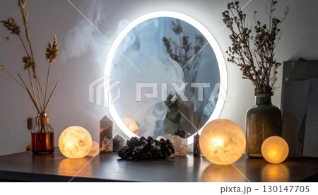 Still Life Featuring Crystals Candles and Dried Plants with Spherical Glow Lamps on Dark Brown Table Still Life Featuring Crystals Candles and Dried Plants with Spherical Glow Lamps on Dark Brown Table 130147705
