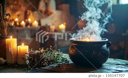 Steaming Cauldron with Candles and Herbs in Dark Setting for Halloween or Witchcraft 130147707