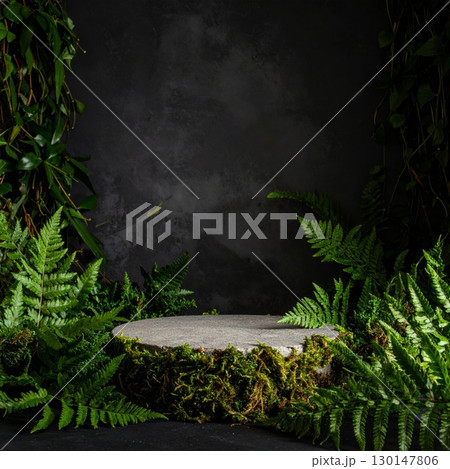 Green Ferns and Moss Surrounding Gray Stone Podium Against Dark Textured Background 130147806