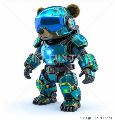 Robotic Teddy Bear Wearing Blue Futuristic Armor Suit on White Background 130147874