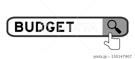 Search banner in word budget with hand over magnifier icon on white background 130147907