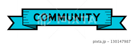 Ribbon label banner with word community in blue color on white background 130147987