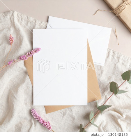 Elegant Blank Card Mockup with Pink Flowers and Gift on Beige Fabric Surface Elegant Blank Card Mockup with Pink Flowers and Gift on Beige Fabric Surface 130148186