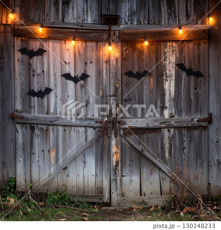 Halloween Bats Silhouettes on Weathered Barn Door with Festive String Lights 130148233