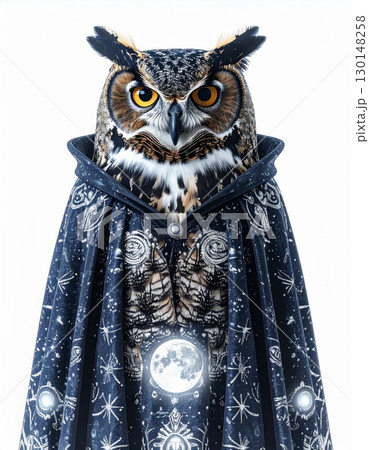 Spectacled Owl Wearing A Starlit Cape With Glowing Moon In Mystical Scene Spectacled Owl Wearing A Starlit Cape With Glowing Moon In Mystical Scene 130148258