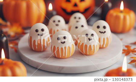 「可愛いゴーストスイーツとジャックオランタンのハロウィン背景｜秋のイベント・ブログ・ポスター素材」 130148373