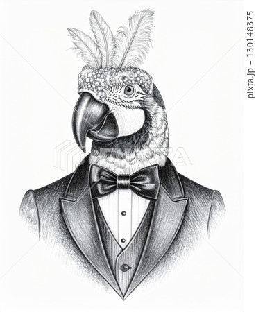Formal Parrot in Tuxedo with Bow Tie Black and White Stippling Illustration Formal Parrot in Tuxedo with Bow Tie Black and White Stippling Illustration 130148375