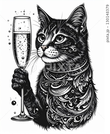 Elegant Tabby Cat with Champagne Glass Ready to Celebrate in White Background Elegant Tabby Cat with Champagne Glass Ready to Celebrate in White Background 130148379