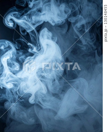 Abstract Blue Smoke Plumes Swirling on Black Background with Ethereal Watery Effect 130148455
