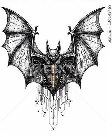 Bat with Spreading Wings Circuit Board Details on White Background 130148465