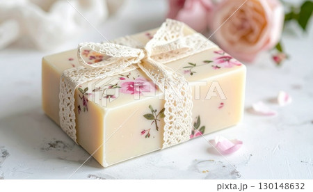Creamy Artisan Soap with Rose Floral Imprints and Lace Ribbon on Textured Surface 130148632