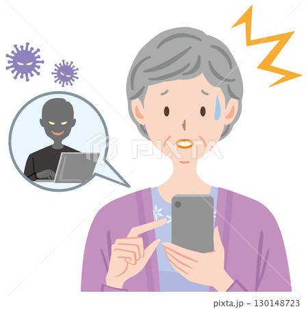 スマホがウィルスに感染して困る高齢者　不正ログイン　高齢女性 130148723