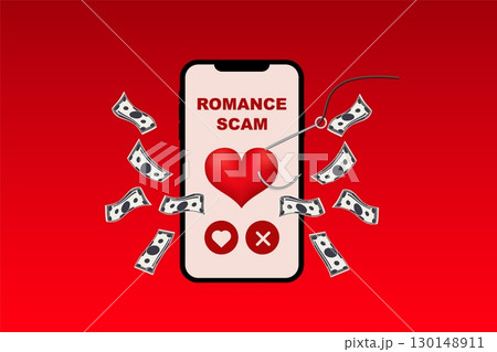 Smartphone displaying romance scam with heart icon and money symbols 130148911