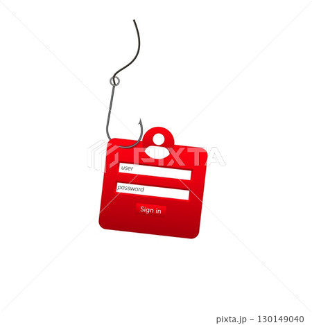 Fishing hook pierces red login form symbolizing cybersecurity threat and online vulnerability 130149040