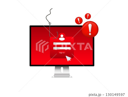 Computer screen displaying phishing attack with suspicious login and warning icons Computer screen displaying phishing attack with suspicious login and warning icons 130149597