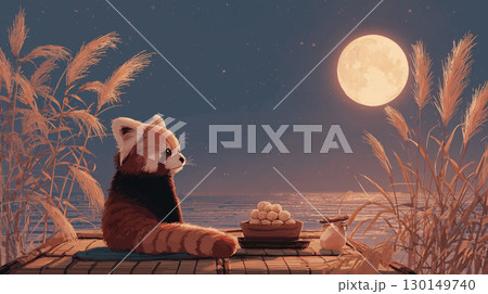 お月見をするレッサーパンダ 130149740