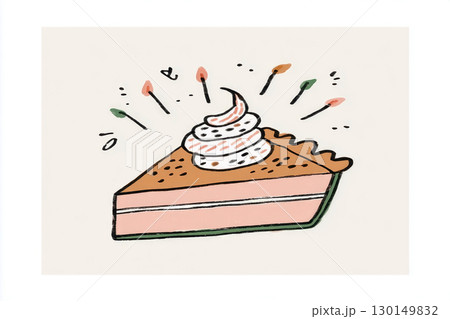 A slice of pumpkin pie is served on a platter, topped with whipped cream. Surrounding the pie are festive decorations, capturing the joyful spirit of autumn gatherings 130149832