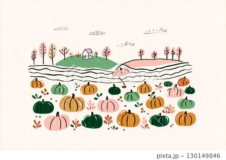 Colorful pumpkins decorate a rustic patch as the warm light of late afternoon enhances the beauty of the farmhouse and rolling hills in the background, creating a serene autumn atmosphere 130149846