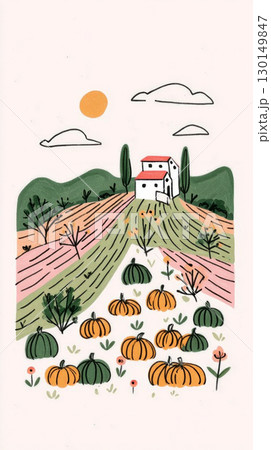 The late afternoon light casts a warm glow over a rustic pumpkin patch filled with pumpkins in various colors and shapes, surrounded by a serene landscape of bare trees and gentle hills 130149847