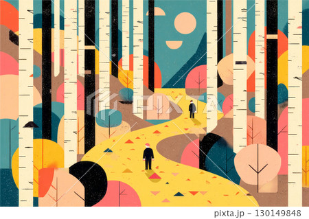 Two figures stroll along a winding path through a colorful autumn forest filled with vibrant trees and a bright sky, creating a serene and picturesque fall atmosphere 130149848