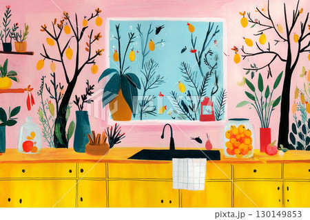 Brightly colored kitchen filled with autumn touches showcases a wooden countertop displaying freshly baked pumpkin bread among leaves and pumpkins, creating a warm seasonal atmosphere 130149853