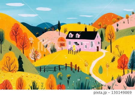 A charming farmhouse sits amidst rolling hills adorned with colorful fall leaves, with a winding path leading through the picturesque landscape under a bright blue sky 130149869