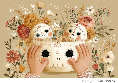 Hands carefully arrange marigold flowers and painted sugar skulls on a beautifully decorated altar for the Day of the Dead during the colorful autumn season 130149973