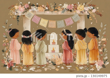 A group of Mexican children, dressed in vibrant traditional outfits, gathers to place offerings on a community altar adorned with flowers and decorative elements during autumn celebrations 130149975