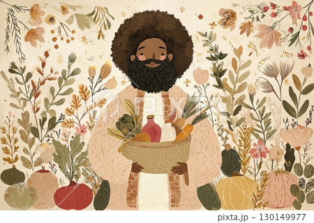 A person with a beard and curly hair holds a basket filled with colorful vegetables, standing amid vibrant autumn flowers and foliage. The atmosphere feels warm and inviting 130149977