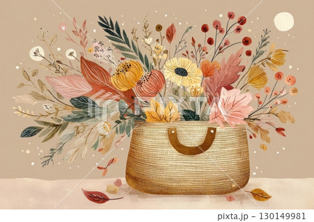 A vibrant arrangement features a variety of autumn leaves and flowers in shades of orange, yellow, and pink, beautifully displayed in a woven basket against a soft, neutral backdrop 130149981