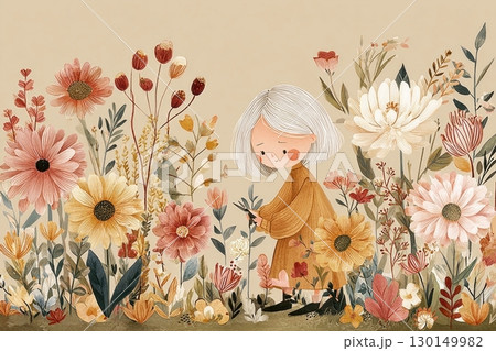 An older white woman carefully trims chrysanthemum stems with garden scissors, surrounded by vibrant flowers and fading autumn colors in her backyard garden 130149982