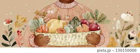 A person holds a woven basket filled with vibrant fruits and vegetables, surrounded by autumn flowers. The warm tones reflect the beauty of fall and the joy of harvest time A person holds a woven basket filled with vibrant fruits and vegetables, surrounded by autumn flowers. The warm tones reflect the beauty of fall and the joy of harvest time 130150000