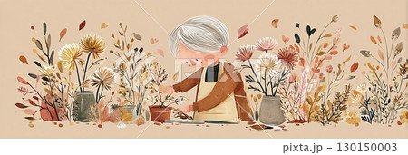 In a small backyard garden filled with fading autumn colors, an older white woman carefully trims chrysanthemum stems using garden scissors. The vibrant foliage creates a seasonal backdrop, banner 130150003