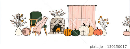 A warm living room radiates autumn vibes, featuring a fireplace, cozy chair with a blanket, pumpkins, and light curtains fluttering gently in the breeze, banner 130150017