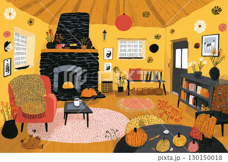 Vibrant autumn hues fill this welcoming living room, featuring a rustic fireplace, cozy seating, and decorative elements that enhance the inviting atmosphere of fall 130150018