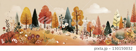 Leaves in shades of red, orange, and yellow cover the landscape. Various trees and plants create a picturesque scene, embodying the essence of autumn's charm during this season 130150032