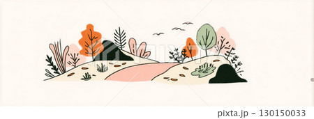 Vibrant trees in shades of orange and green line a gentle path winding through rolling hills, capturing the essence of autumn's beauty in a serene landscape 130150033